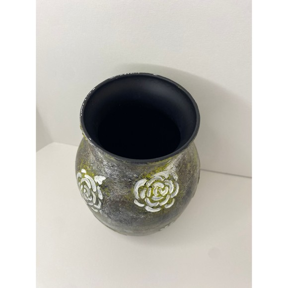 Hand painted antique style vase / textured glass vase with flowers - Picture 4 of 8